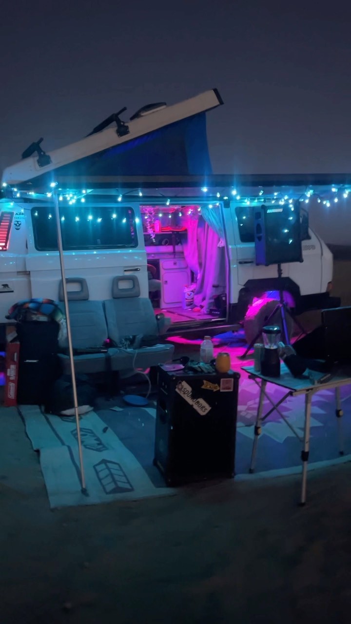 Open Westfalia interior with camp lighting