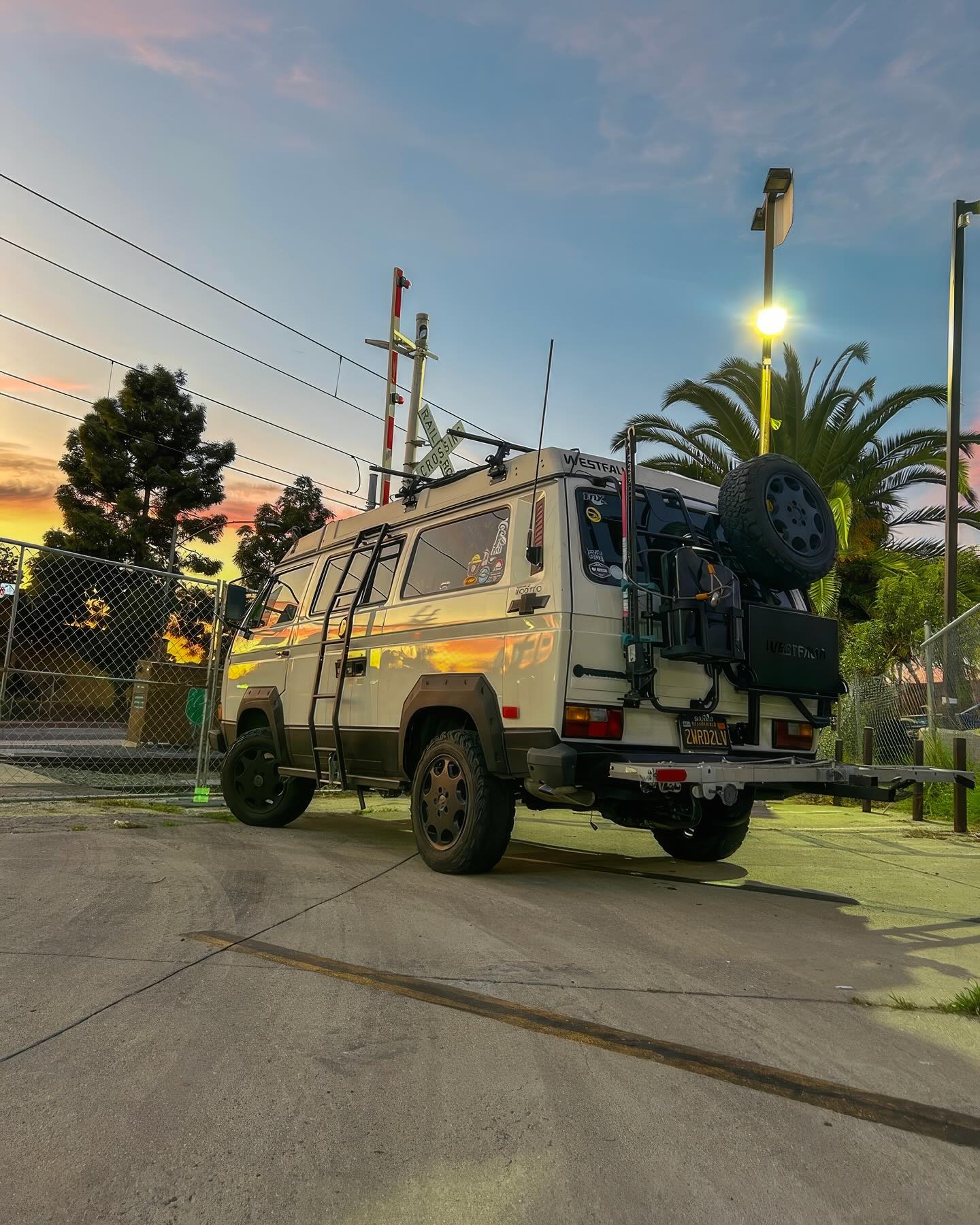 Westfalia parked near palm trees at dusk
